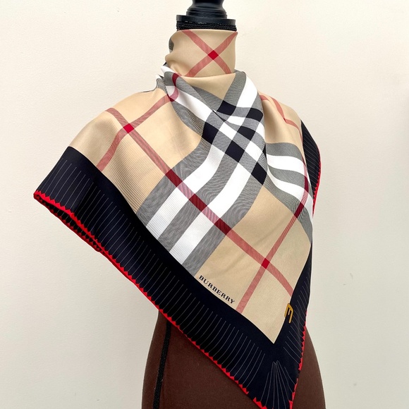 Display # 1 Burberry Scarf House Check Beige Black Border Silk Wrap - Picture 2 of 13